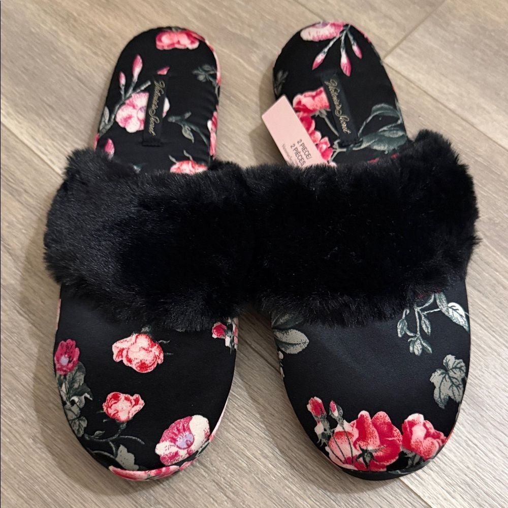 Victoria's Secret Black Floral Slippers